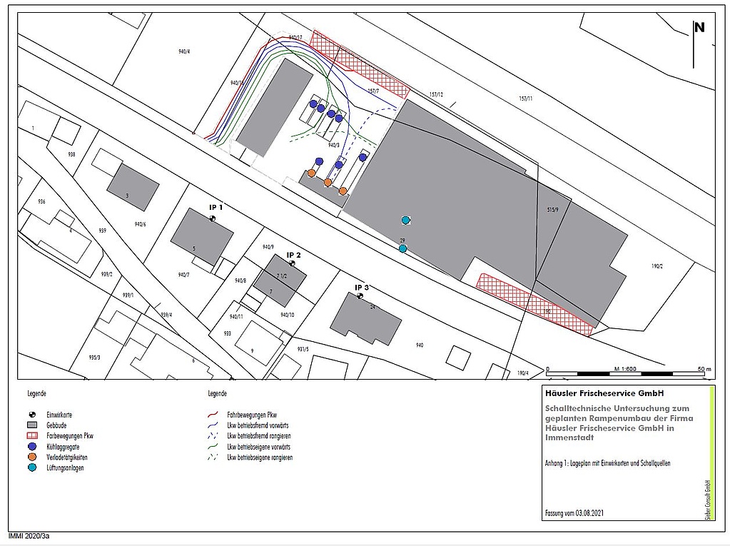 Lageplan mit Einwirkorten und Schallquellen